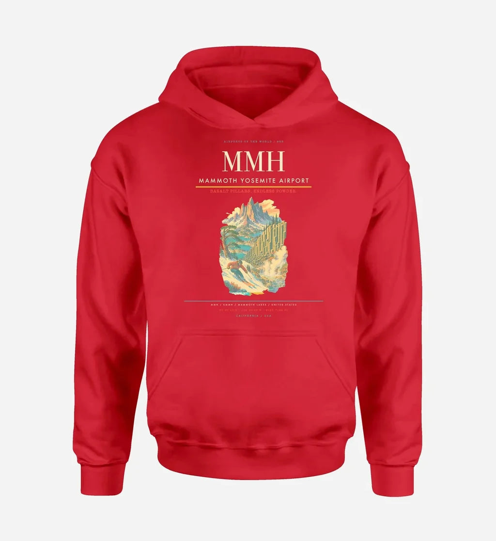 Mammoth Yosemite Airport (MMH) design on red hoodie single-side print