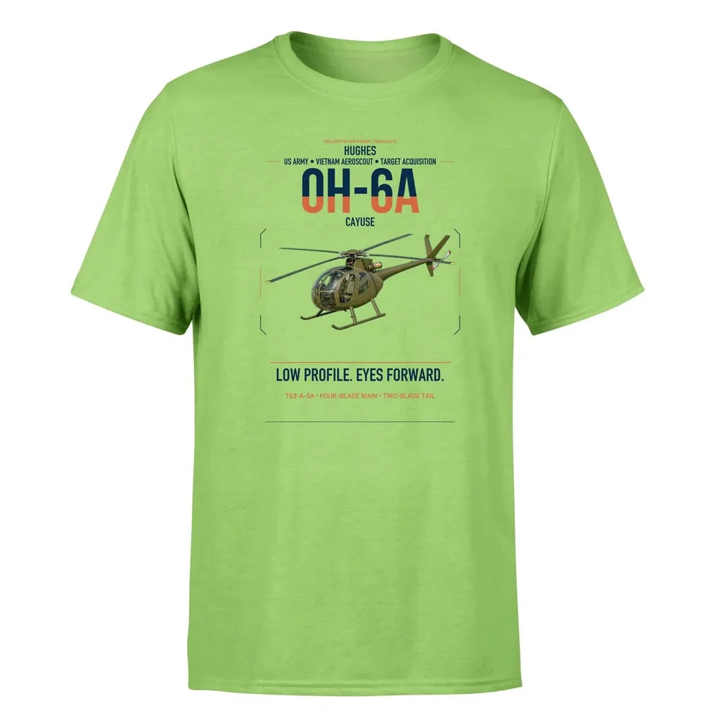 Hughes OH-6A Cayuse design on light green t-shirt, single-side print