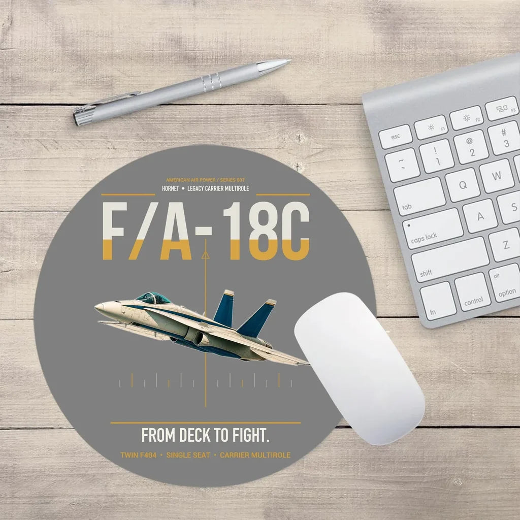 F-A-18C Hornet design on gray round mouse pad