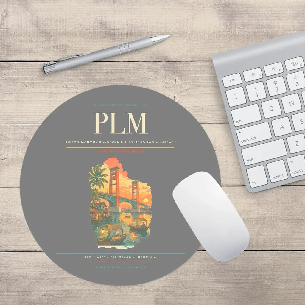 Sultan Mahmud Badaruddin II International Airport (PLM) design on gray round mouse pad