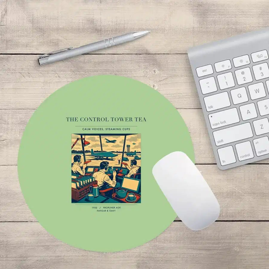VINTAGE G4375 - The Control Tower Tea - Designed Mouse Pads design on lightgreen round