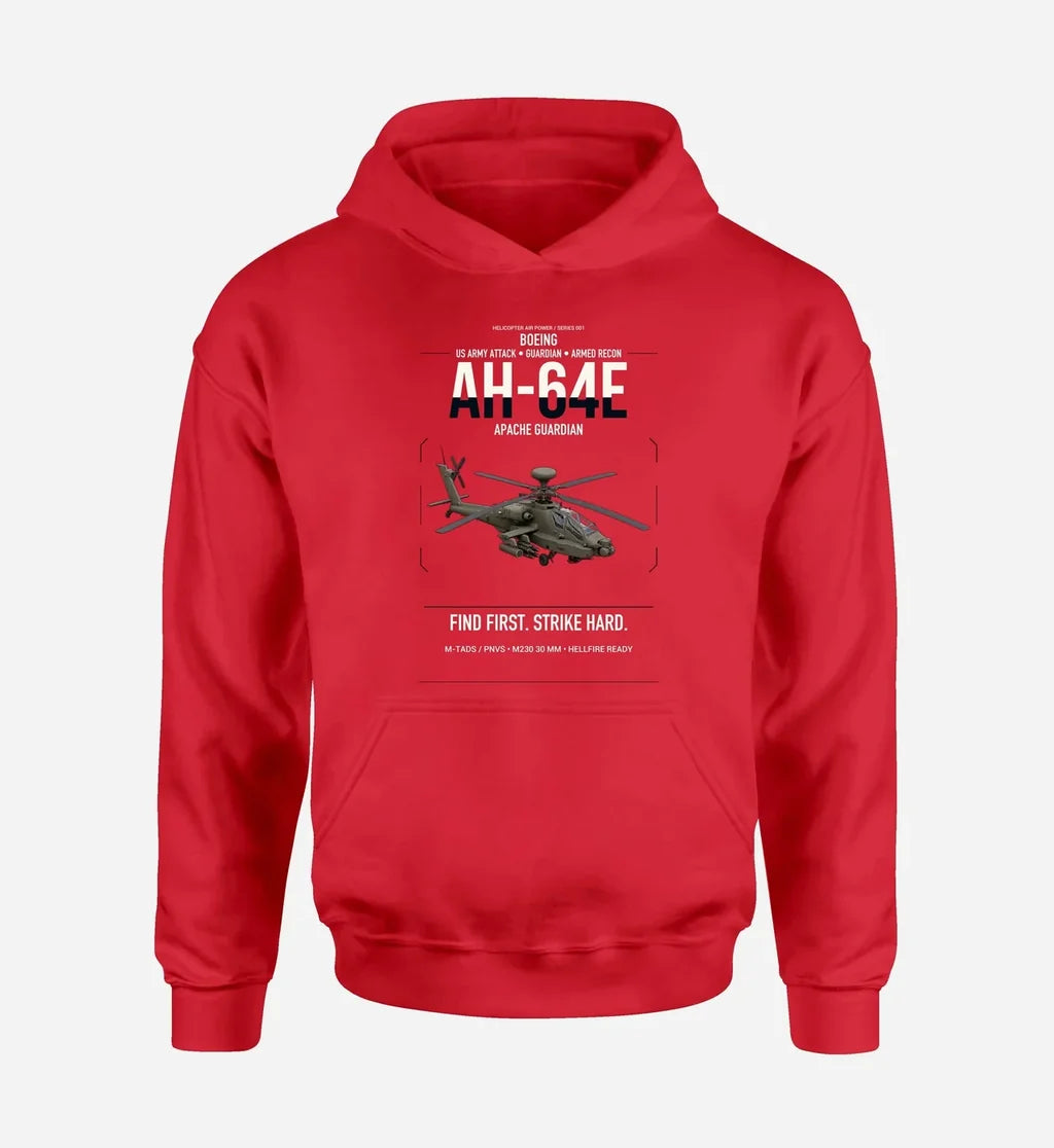 Boeing AH-64E Apache Guardian design on red double-side hoodie, single-side print