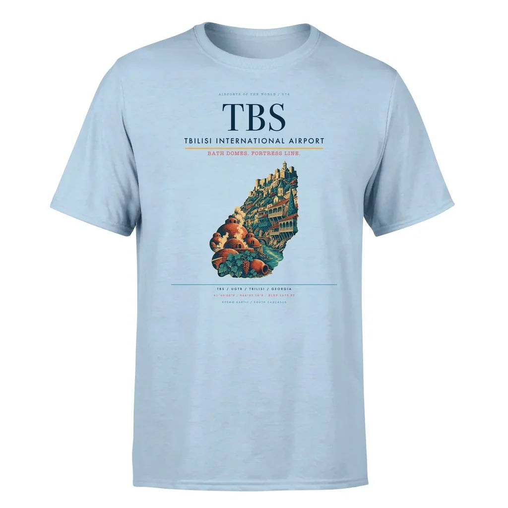 Tbilisi International Airport (TBS) T-Shirt single-side front print in Light Blue | tbilisi-international-airport-tbs-double-side-t-shirt