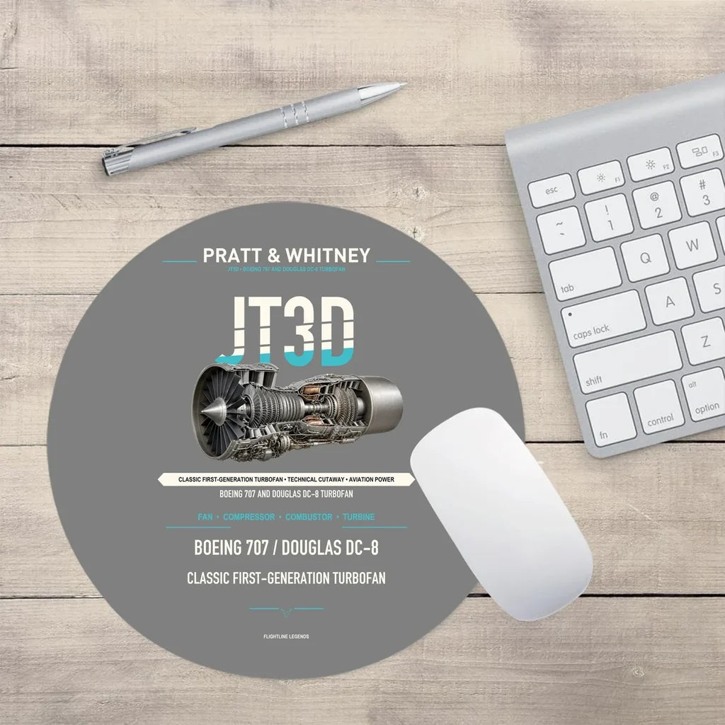 JT3D design on gray round mouse pad