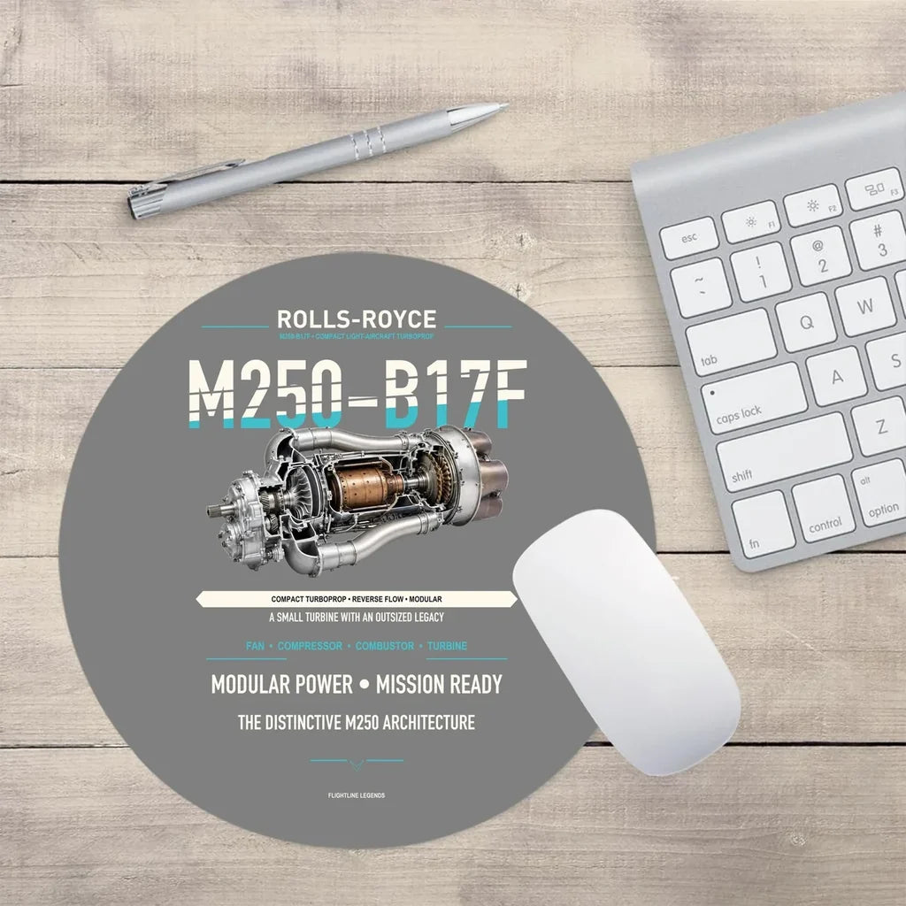 M250-B17F design on gray round mouse pad