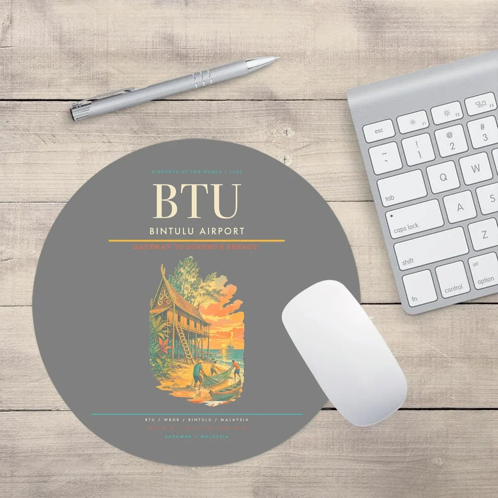 Bintulu Airport (BTU) design on gray round mouse pad