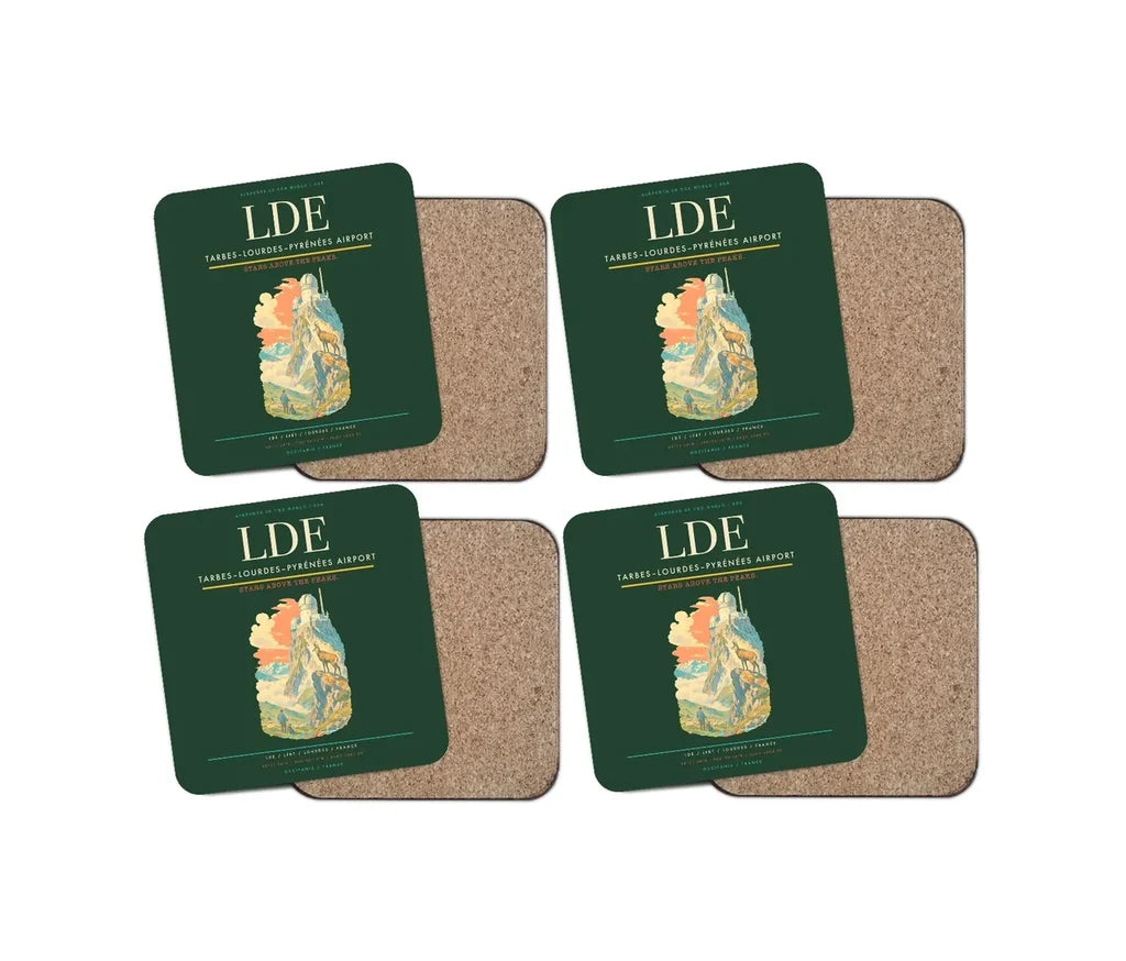 Tarbes–Lourdes–Pyrénées Airport (LDE) design on dark green 4 pieces set coaster