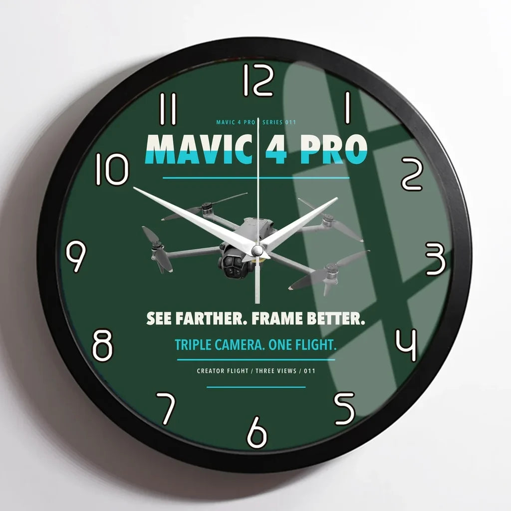 DJI Mavic 4 Pro design on dark green framed wall clock