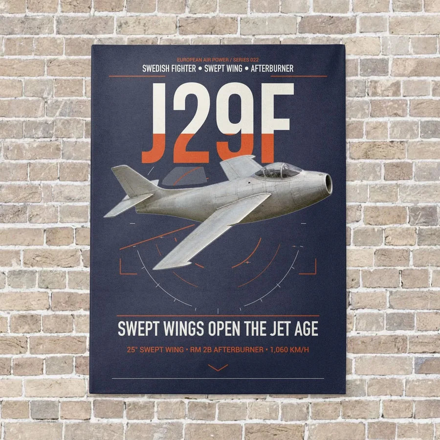 Saab J 29F Tunnan vertical canvas print - no frame - navy blue background