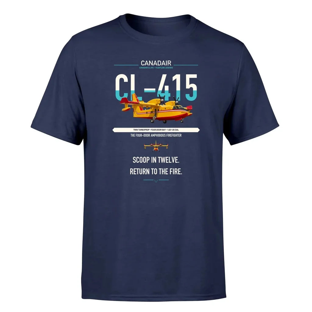 Canadair CL-415 design on navy blue t-shirt, single-side print