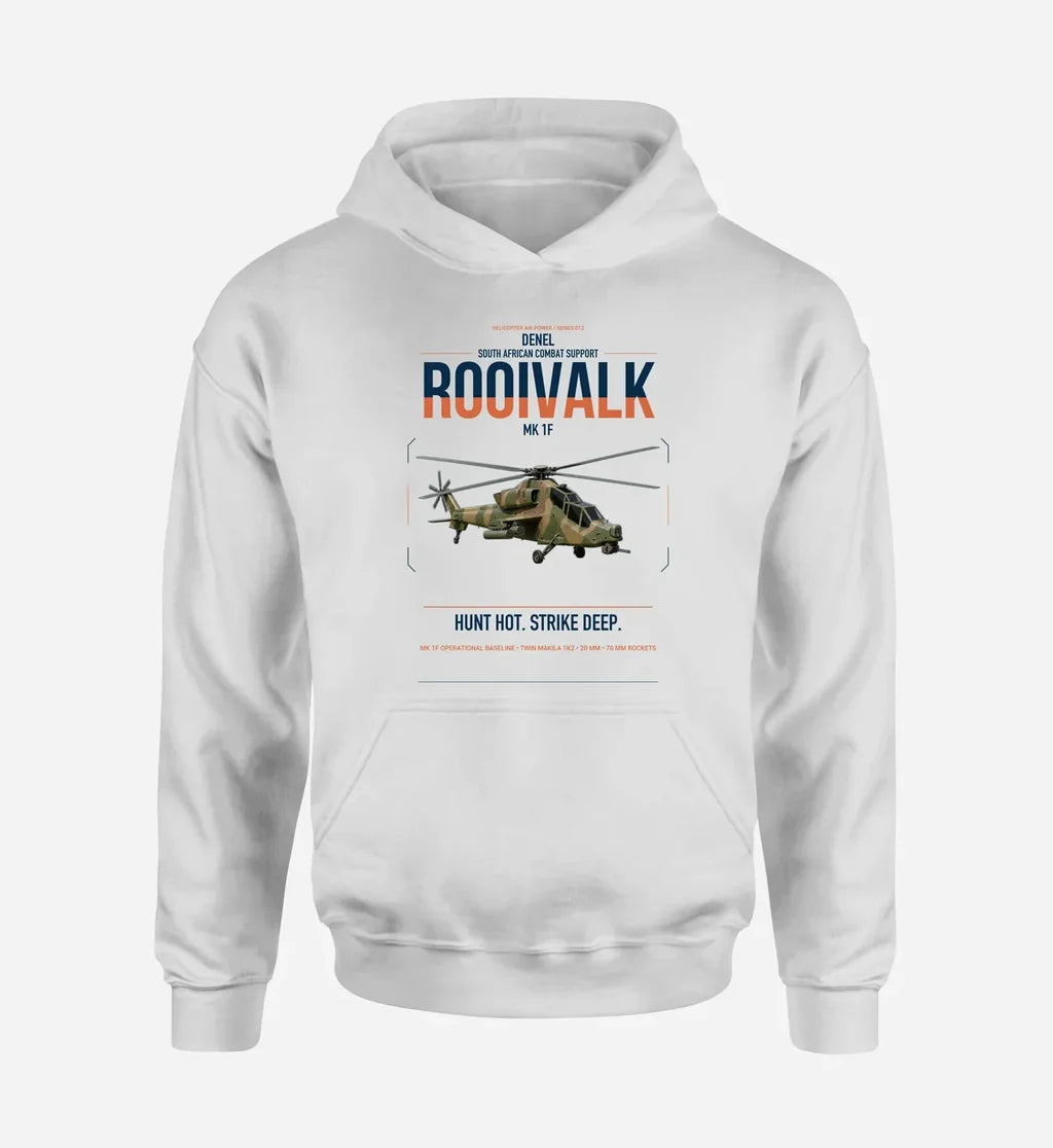 Denel Rooivalk Mk 1F design on white double-side hoodie, single-side print
