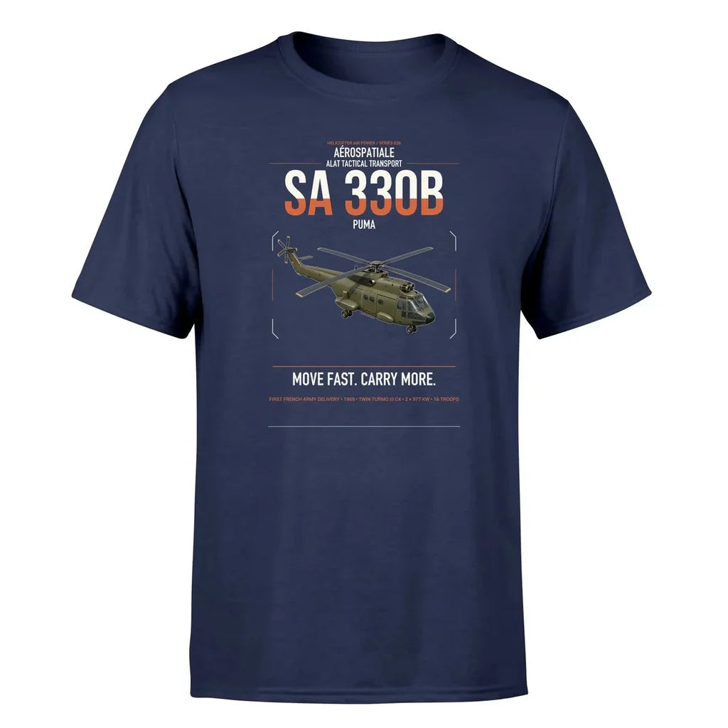 Aérospatiale SA 330B Puma design on navy blue t-shirt, single-side print