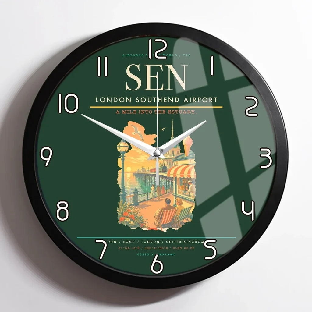 London Southend Airport (SEN) design on dark green framed wall clock
