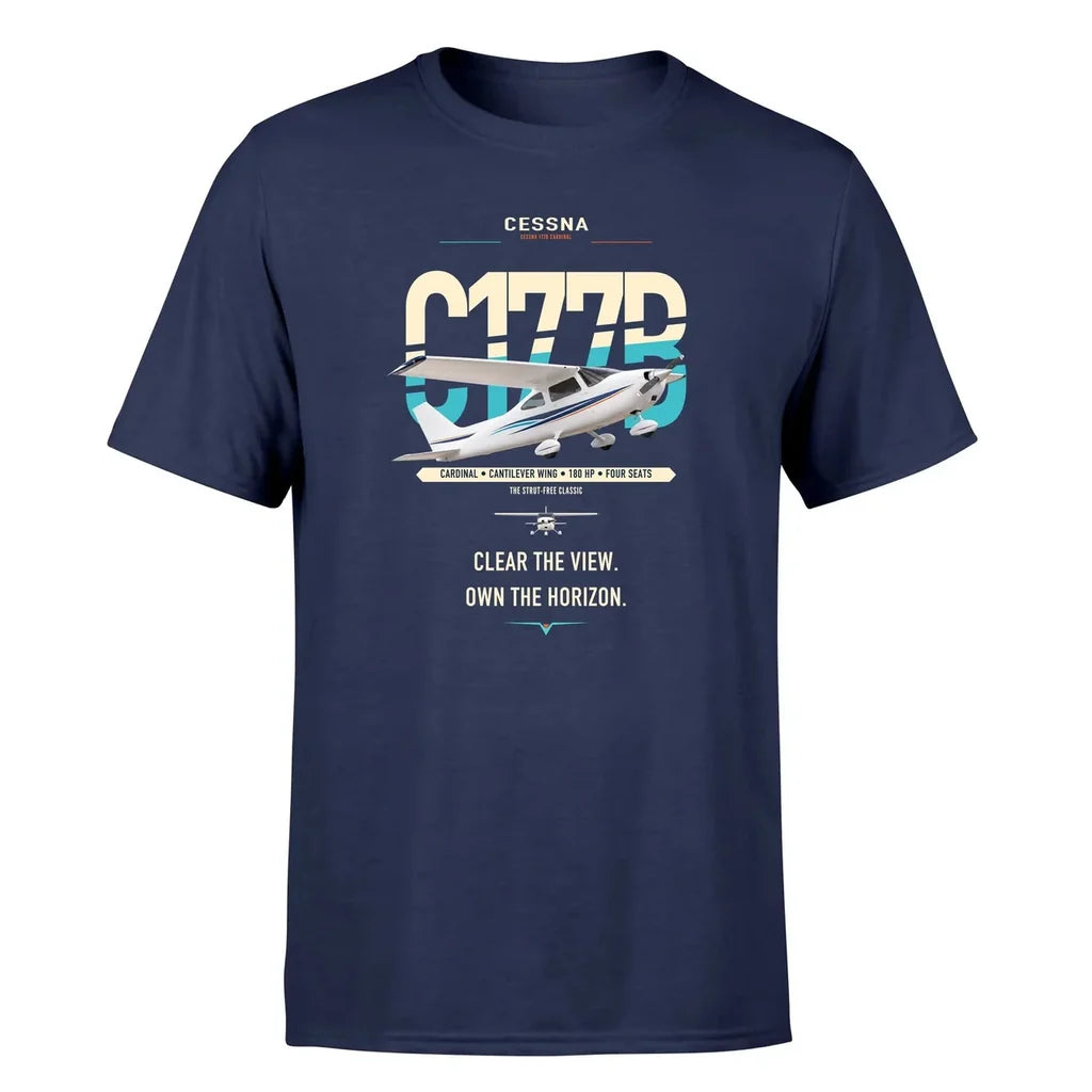 Cessna 177B Cardinal design on navy blue t-shirt, single-side print