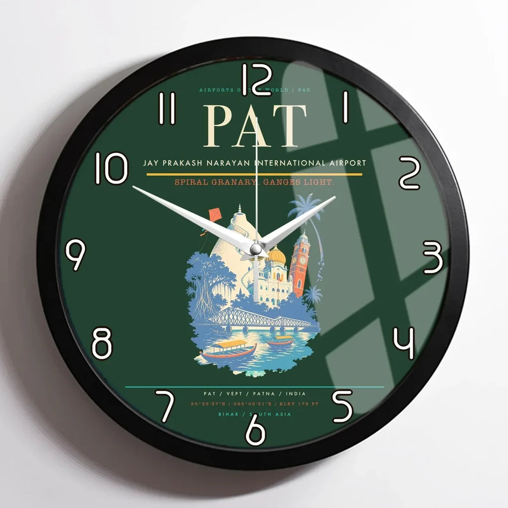 Jay Prakash Narayan International Airport (PAT) design on dark green framed wall clock