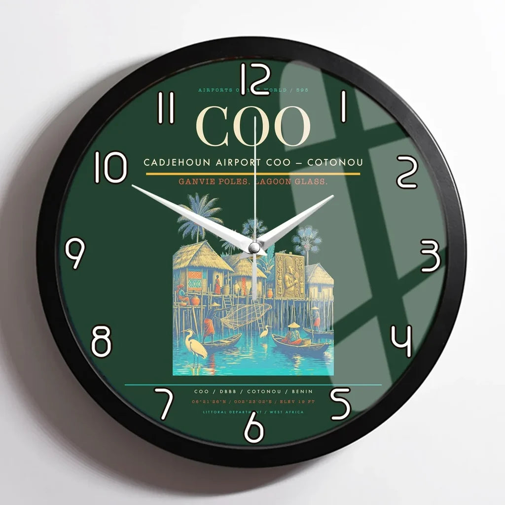 Cadjehoun Airport (COO) design on dark green framed wall clock