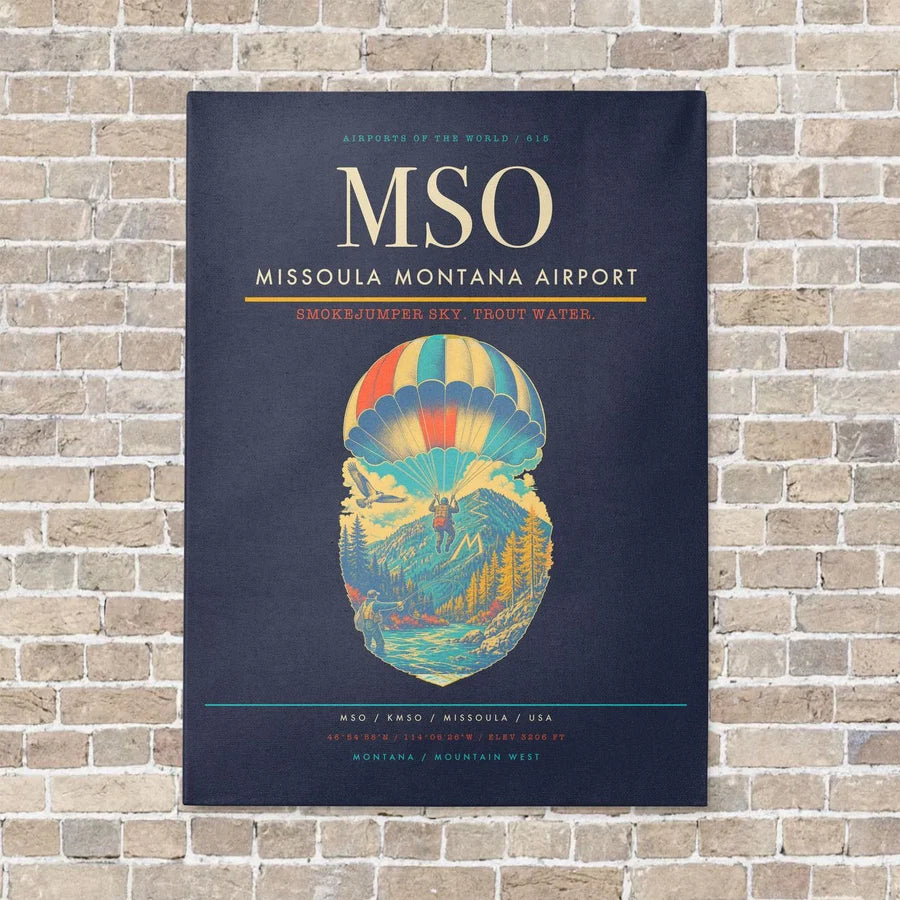Missoula Montana Airport MSO vertical canvas print - no frame - navy blue background