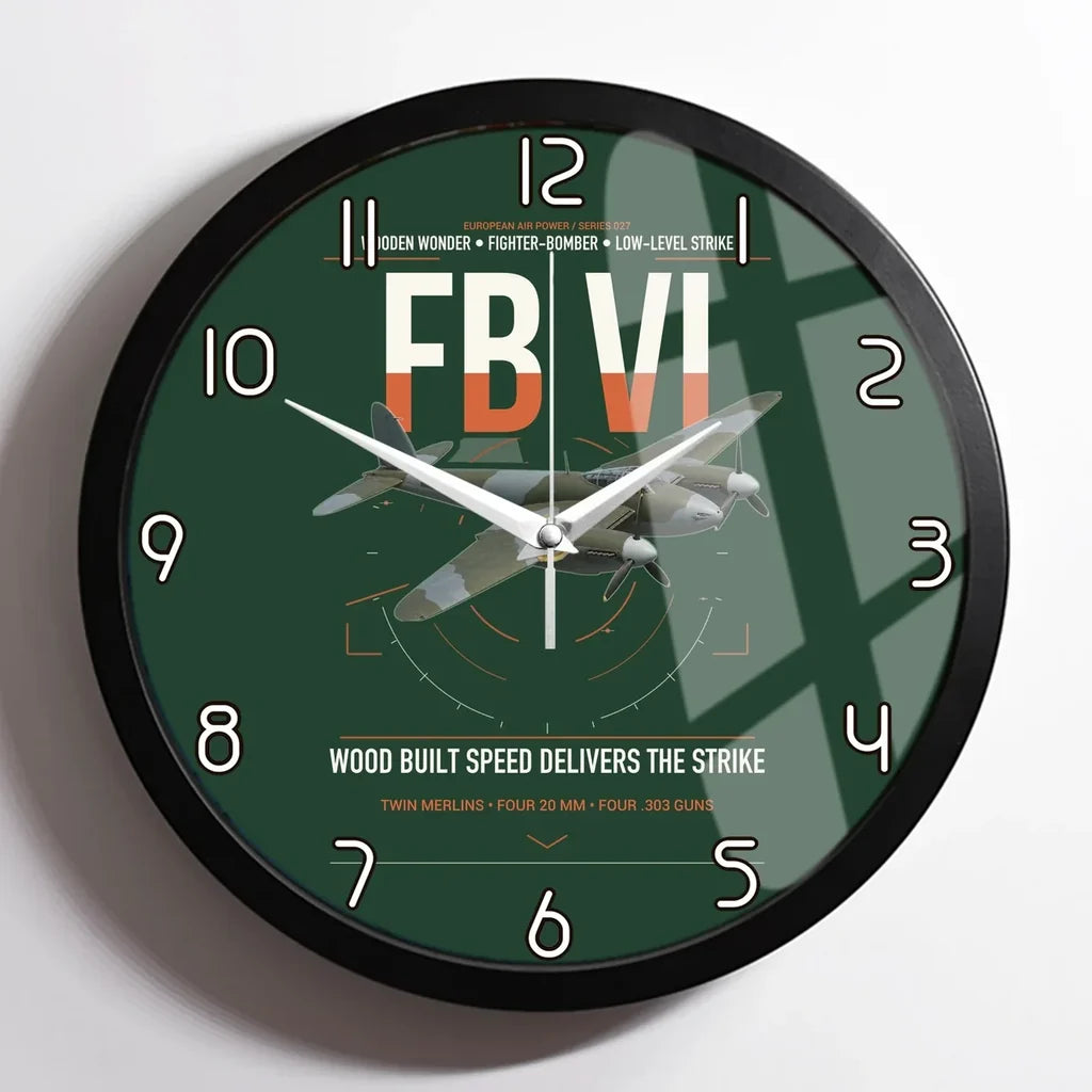 de Havilland Mosquito FB VI design on dark green framed wall clock