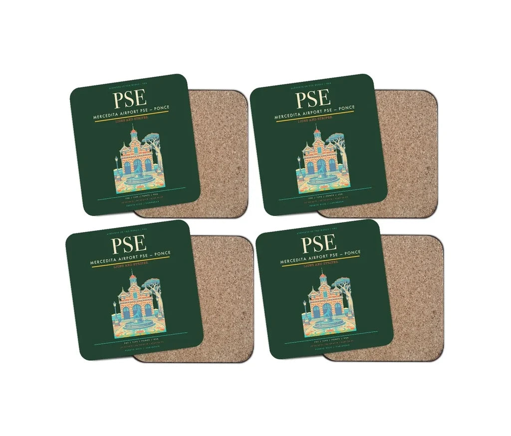 Mercedita Airport (PSE) design on dark green 4 pieces set coaster