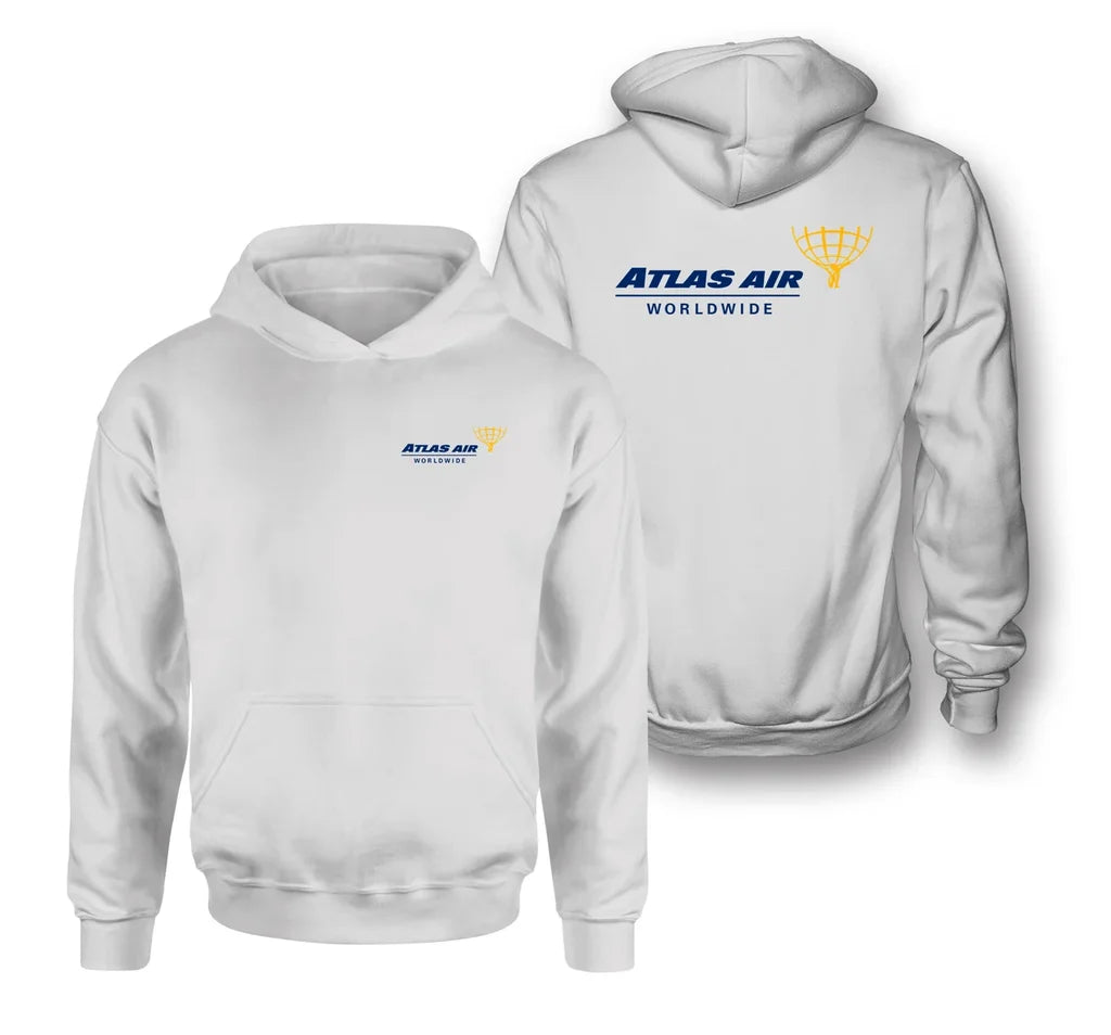 Atlas Air logo on white double side hoodie
