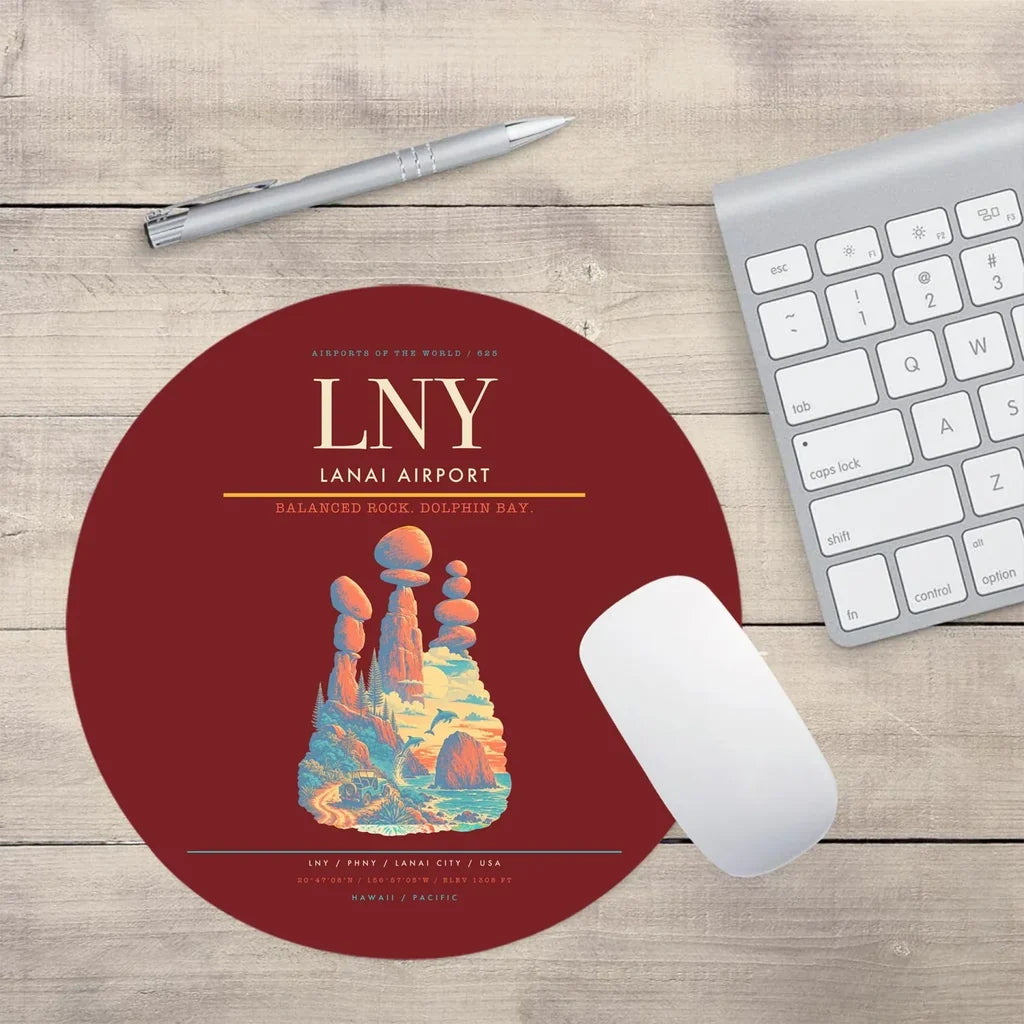 Lanai Airport (LNY) design on dark red round mouse pad