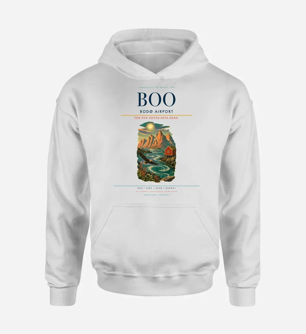 Bodø Airport (BOO) design on white hoodie single-side print