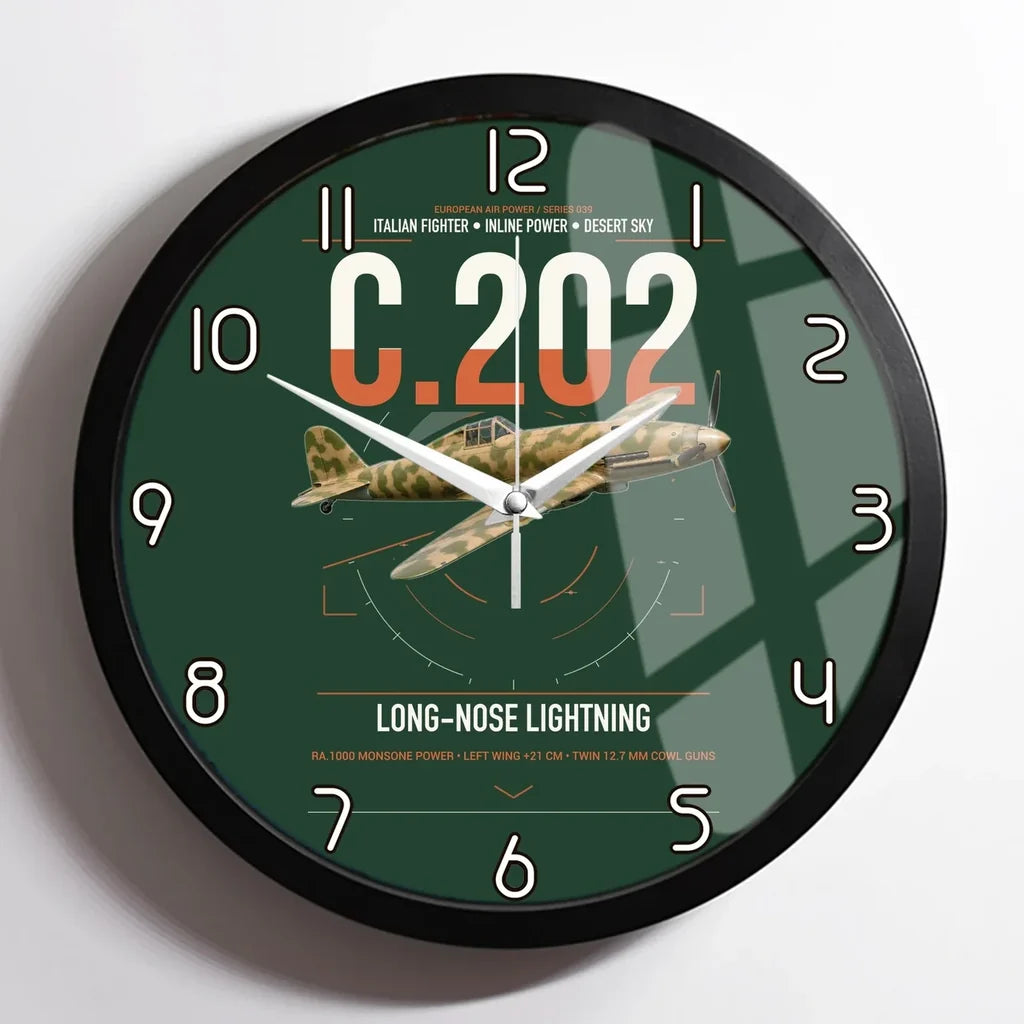 Macchi C.202 Folgore design on dark green framed wall clock