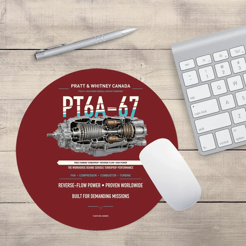 PT6A-67 design on dark red round mouse pad