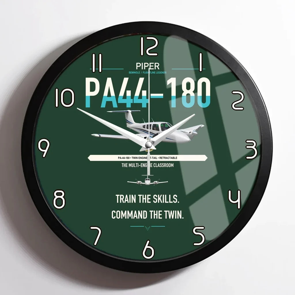 Piper PA-44-180 Seminole design on dark green framed wall clock