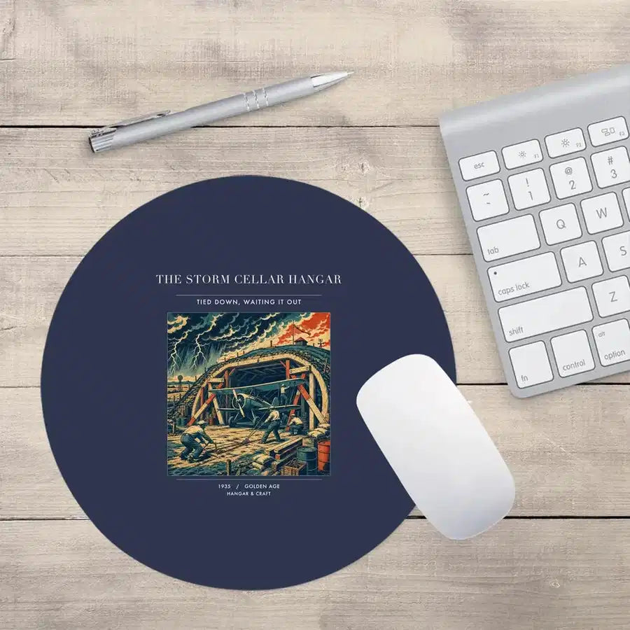 VINTAGE G4244 - The Storm Cellar Hangar - Designed Mouse Pads design on navyblue round