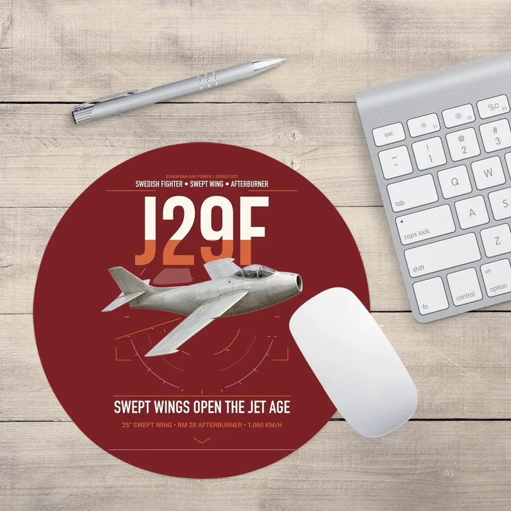 Saab J 29F Tunnan design on dark red round mouse pad