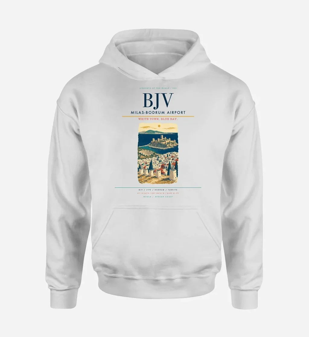 Milas-Bodrum Airport (BJV) design on white hoodie single-side print