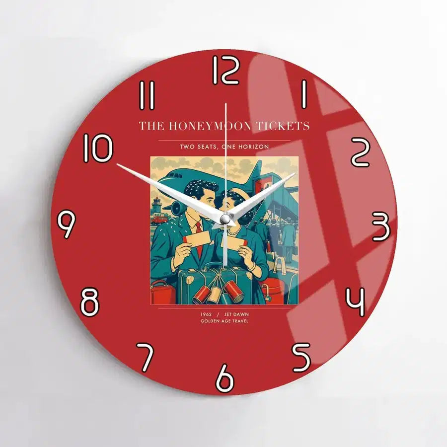 VINTAGE G4227 - The Honeymoon Tickets - Designed Wall Clocks design on red no-frame