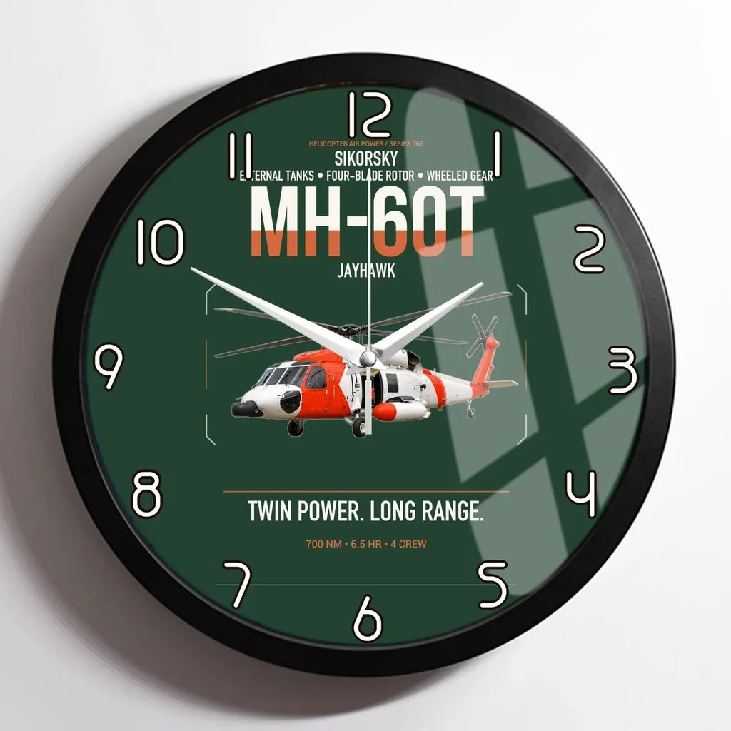 Sikorsky MH-60T Jayhawk design on dark green framed wall clock