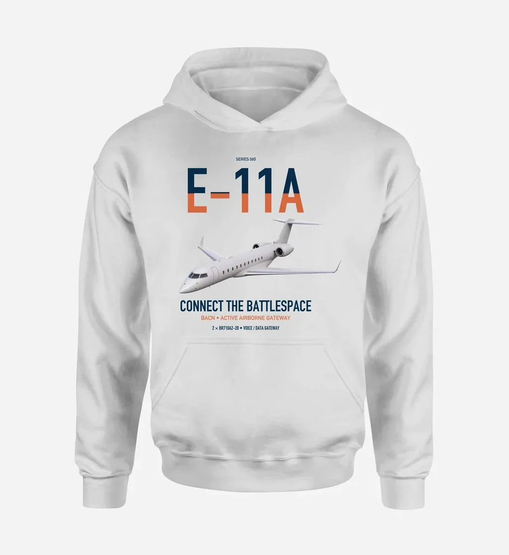 E-11A BACN design on white double-side hoodie, single-side print