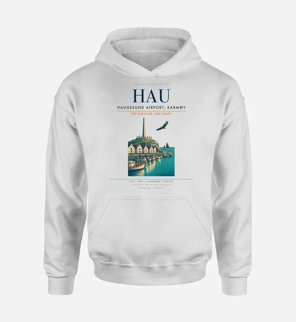 Haugesund Airport, Karmøy (HAU) design on white hoodie single-side print