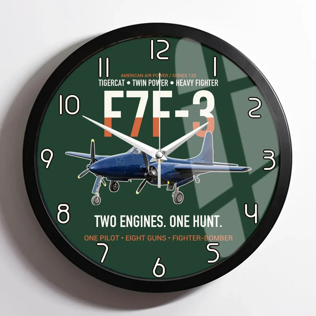 F7F-3 Tigercat Two Engines One Hunt design on dark green framed wall clock