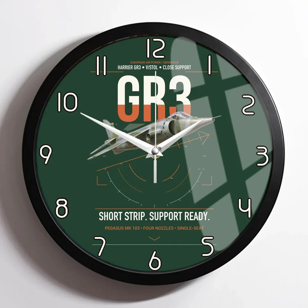 Hawker Siddeley Harrier GR3 design on dark green framed wall clock