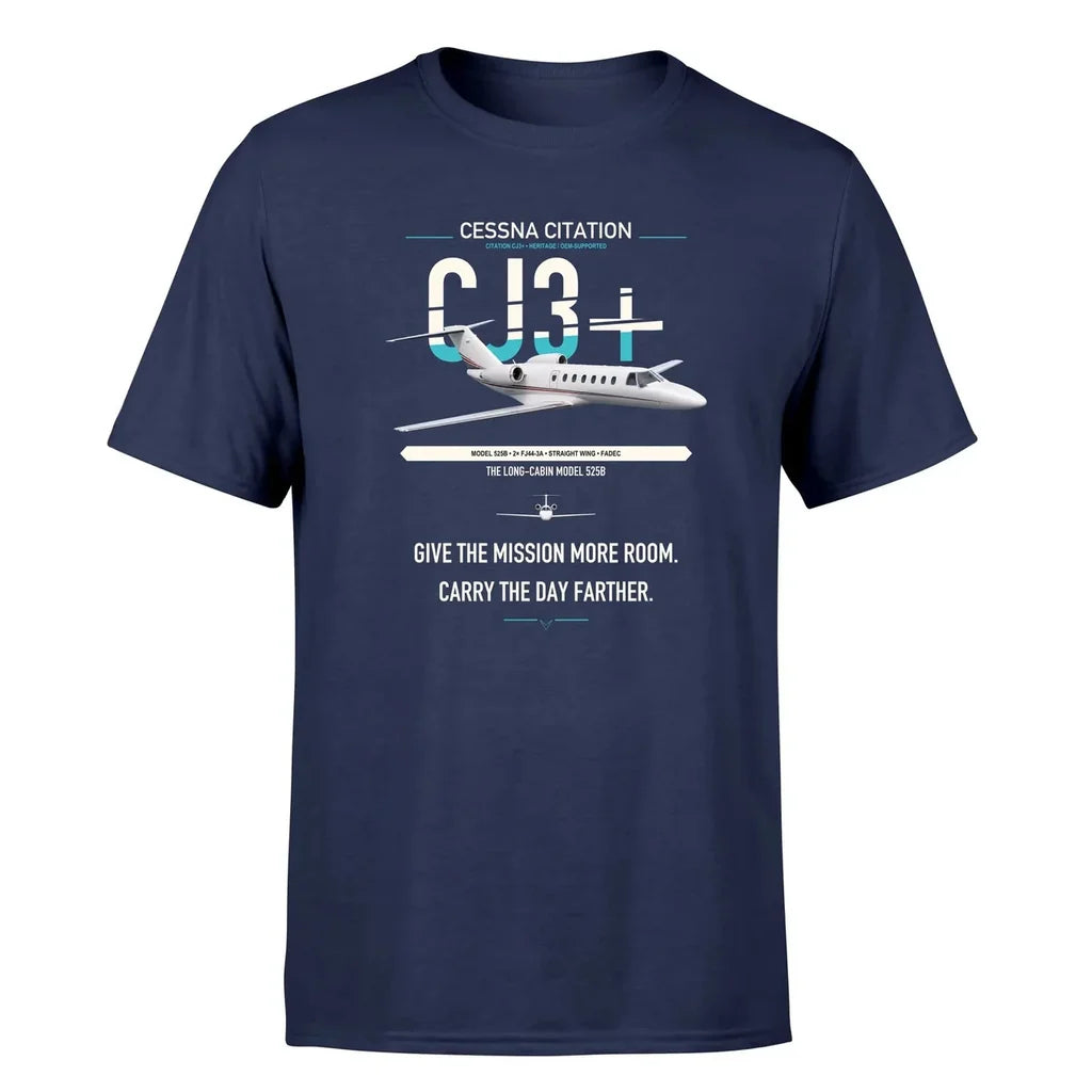 Cessna Citation CJ3+ design on navy blue double-side t-shirt, single-side print