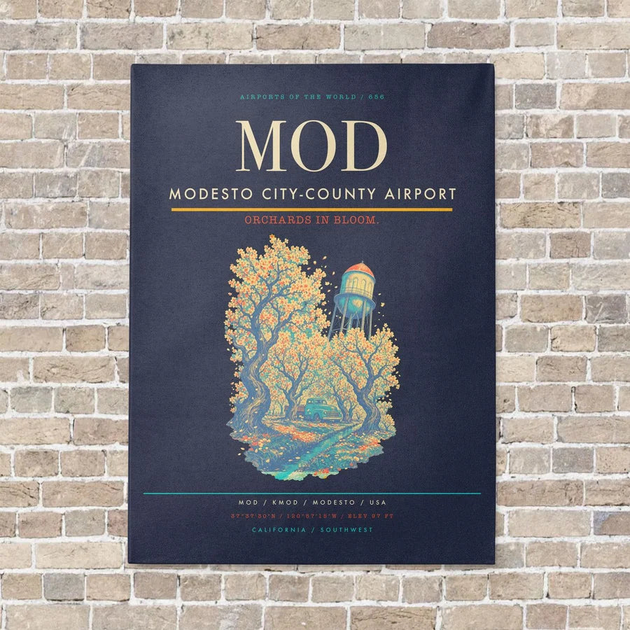 Modesto City-County Airport MOD vertical canvas print - no frame - navy blue background