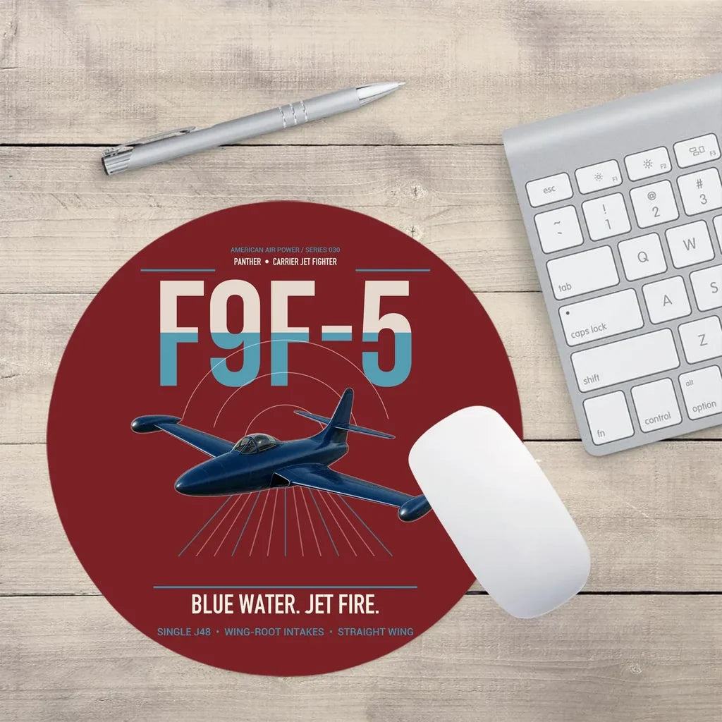 F9F-5 Panther design on dark red round mouse pad