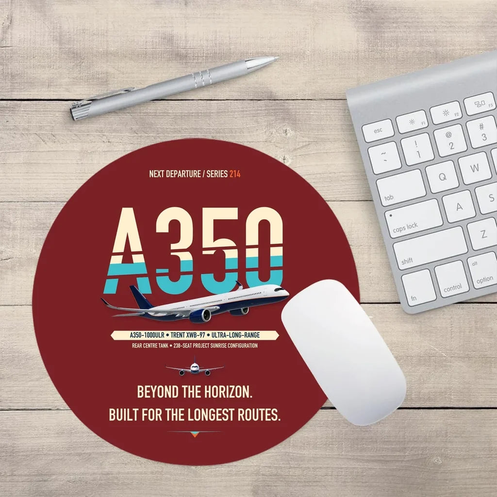 Airbus A350-1000ULR design on dark red round mouse pad
