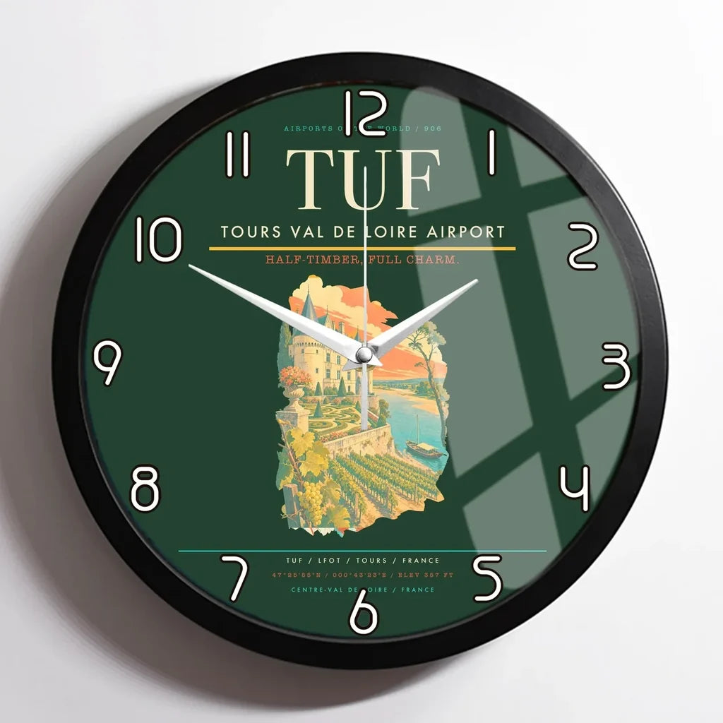 Tours Val de Loire Airport (TUF) design on dark green framed wall clock