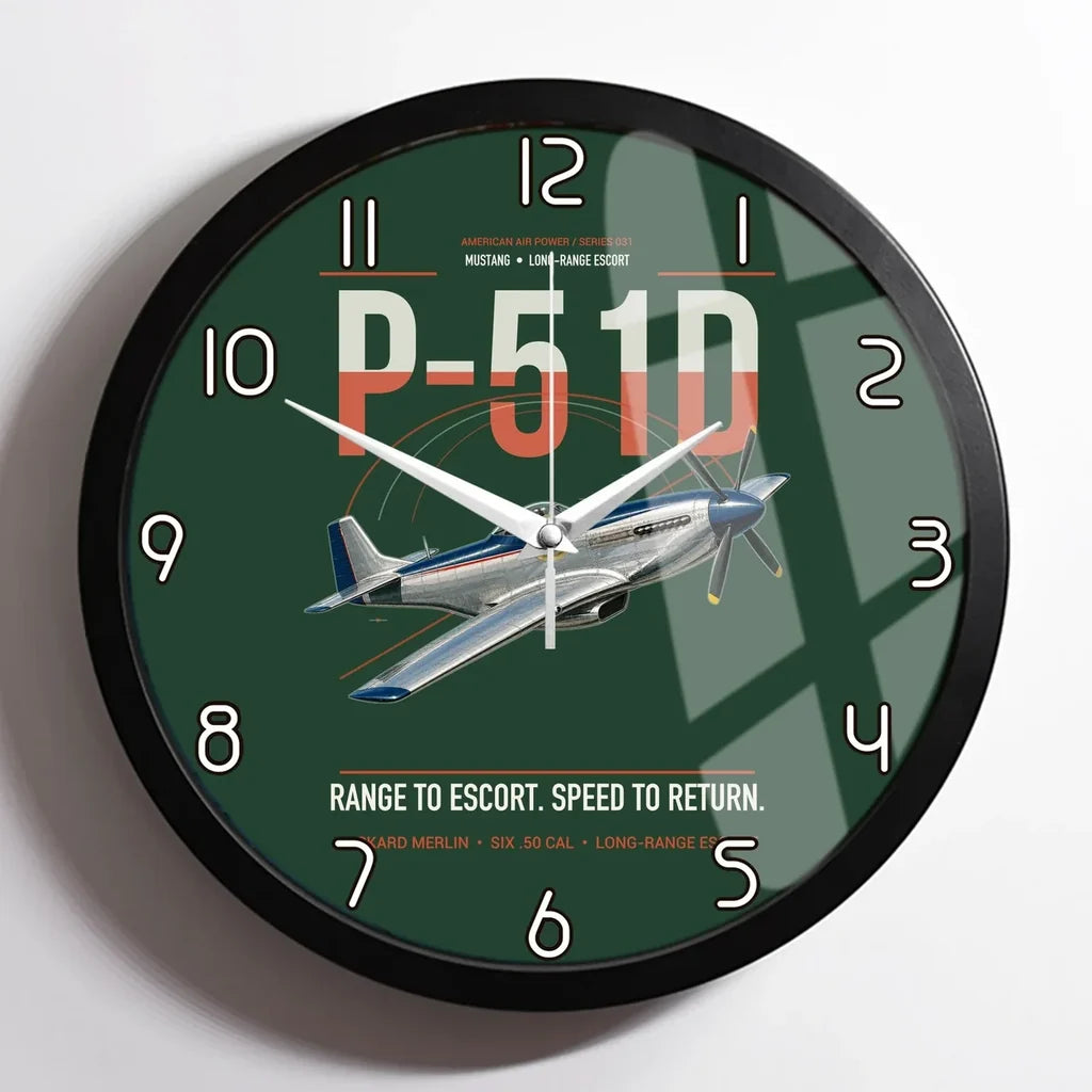 P-51D Mustang design on dark green framed wall clock