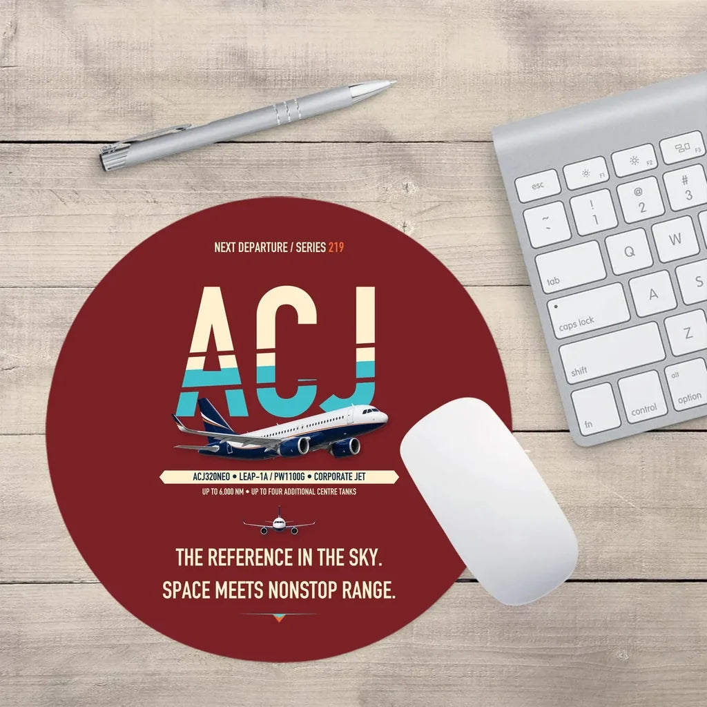 Airbus ACJ320neo design on dark red round mouse pad