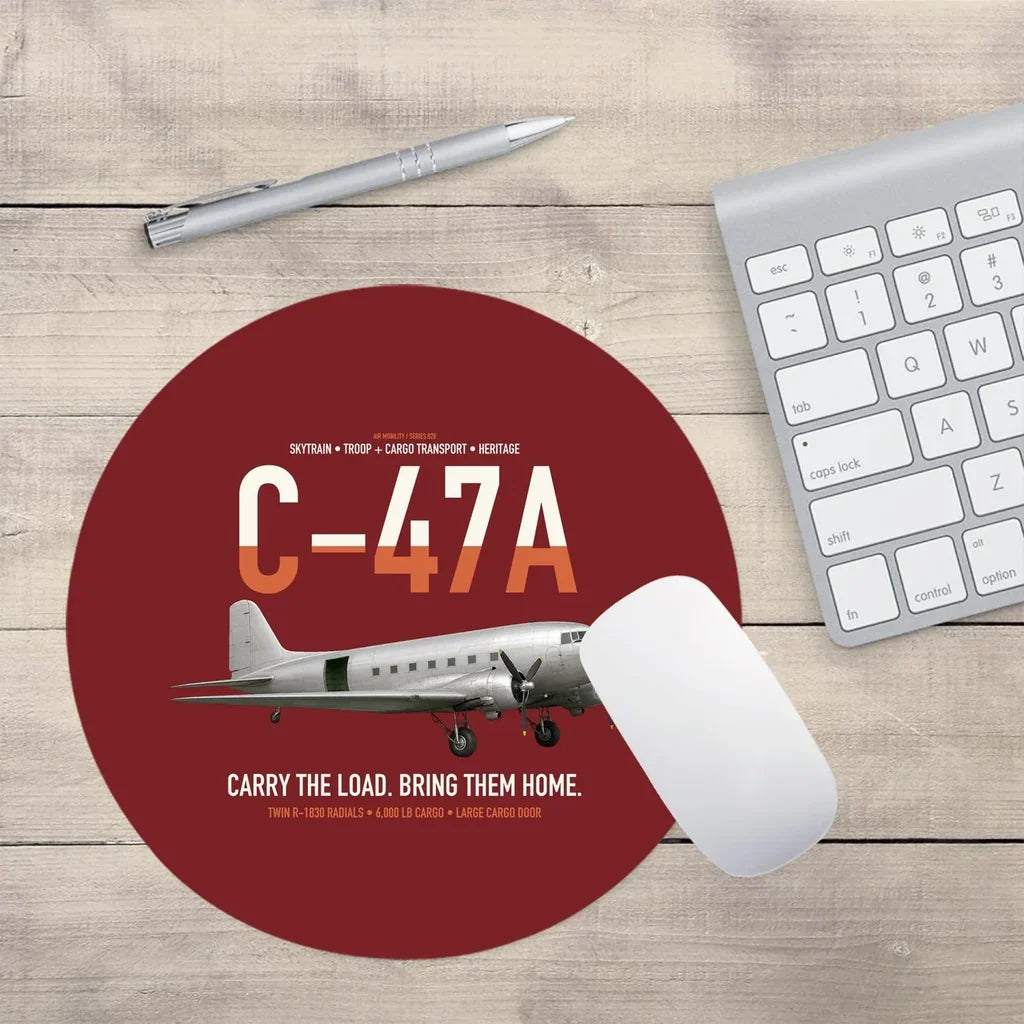 C-47A Skytrain design on dark red round mouse pad