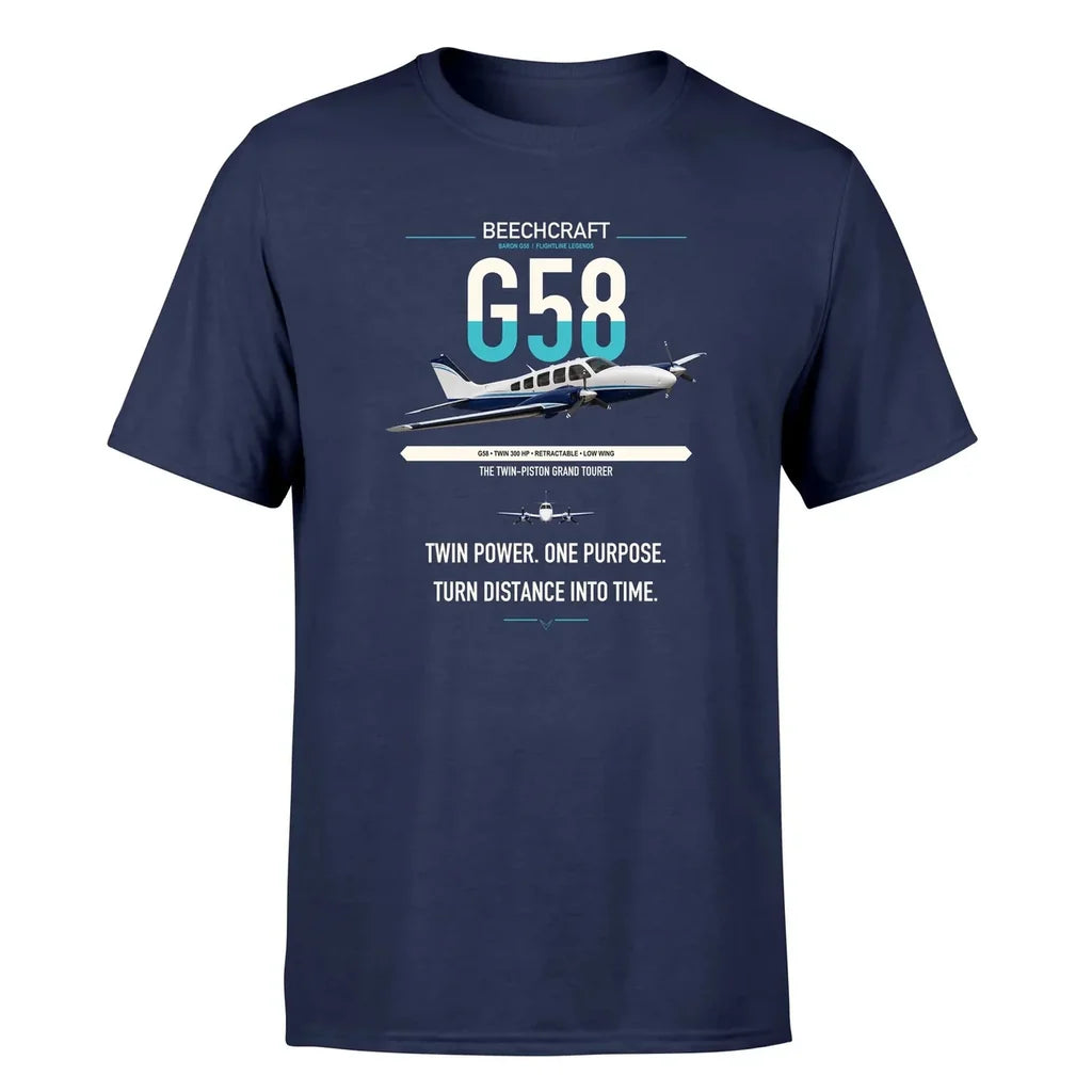 Beechcraft Baron G58 design on navy blue t-shirt, single-side print