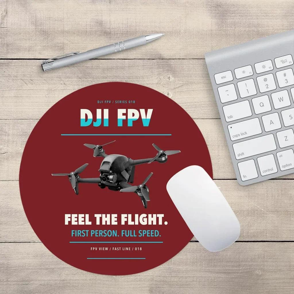 DJI FPV design on dark red round mouse pad