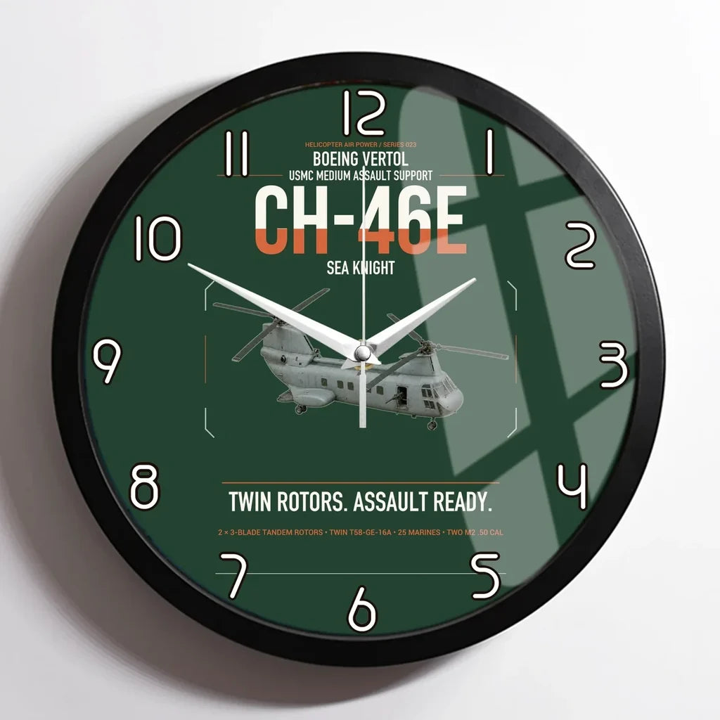 Boeing Vertol CH-46E Sea Knight design on dark green framed wall clock