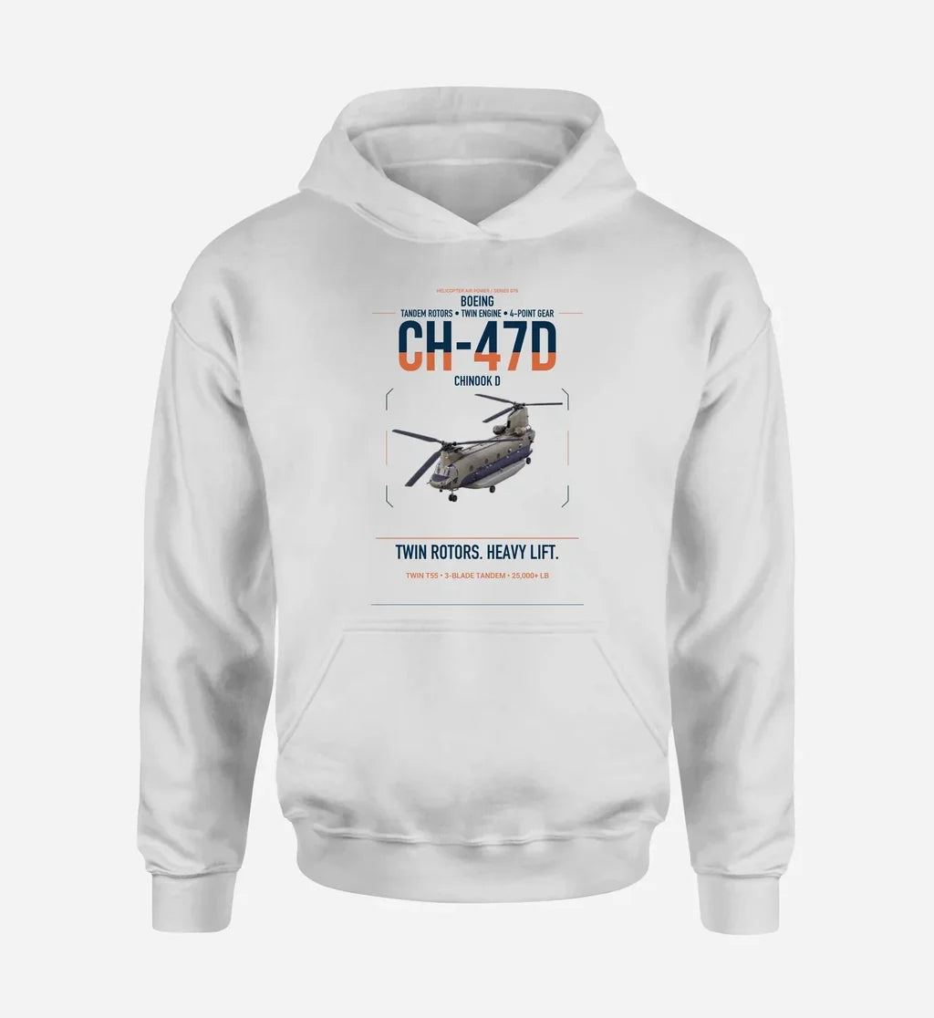 Boeing CH-47D design on white double-side hoodie, single-side print